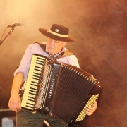 Sanfoneiro tocando a sanfona no palco, ao lado de um microfone e vestido de forma típica 