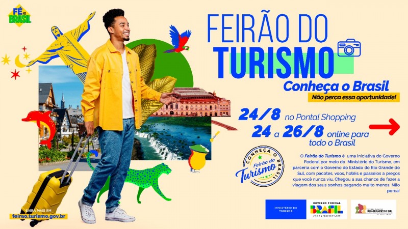 Peça gráfica mostrando um homem caminhando com mala de viagem e imagens do destino turístico Rio Grande do Sul ao fundo.